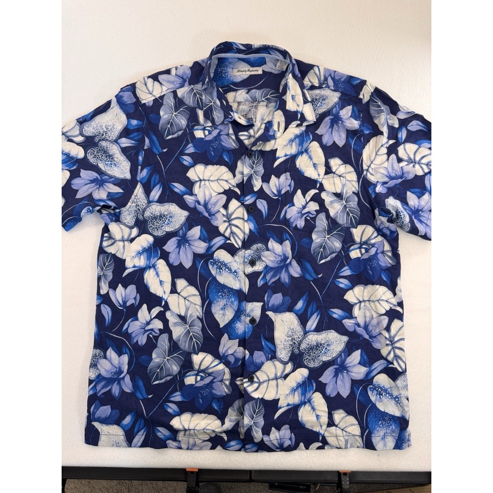 Tommy Bahama Mens Button Down Aloha Shirt XL Blue 100% Silk Hawaiian Floral AOP